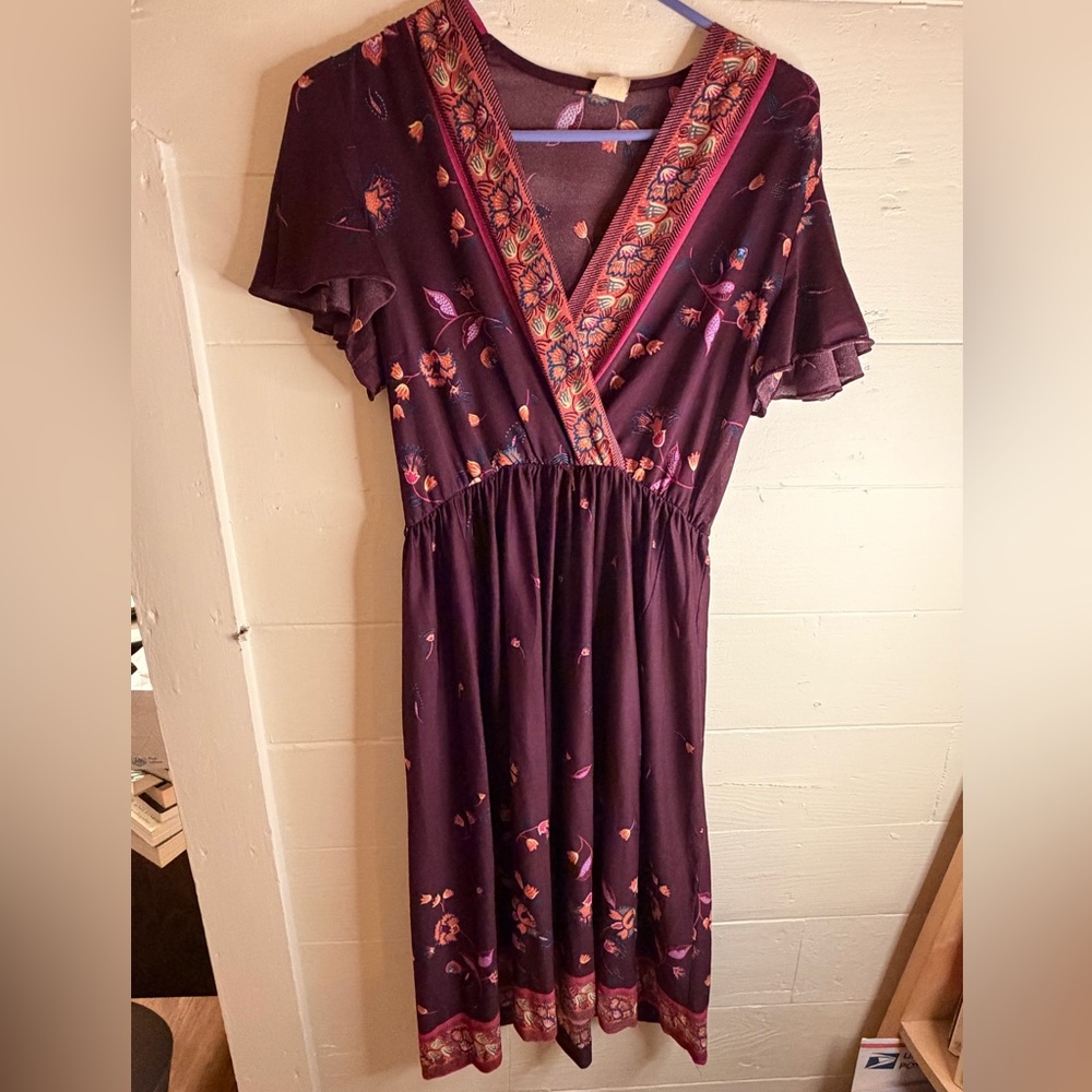 Vintage 70s Sheer Floral-Print Burgundy Dress